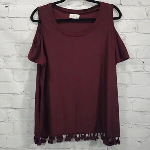 Glitz Womens Size 2X Maroon Cold Shoulder Top Fringe‎ Bottom Shirt Blouse